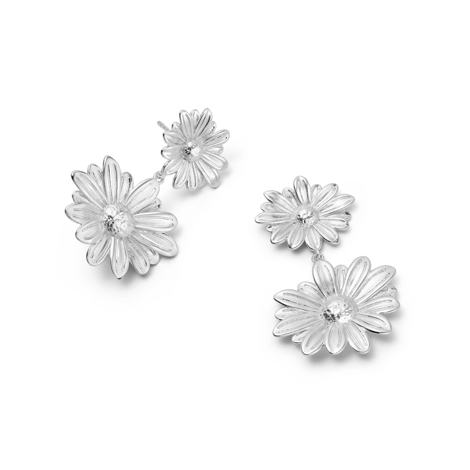 Double Daisy Flower Earrings Silver Plate