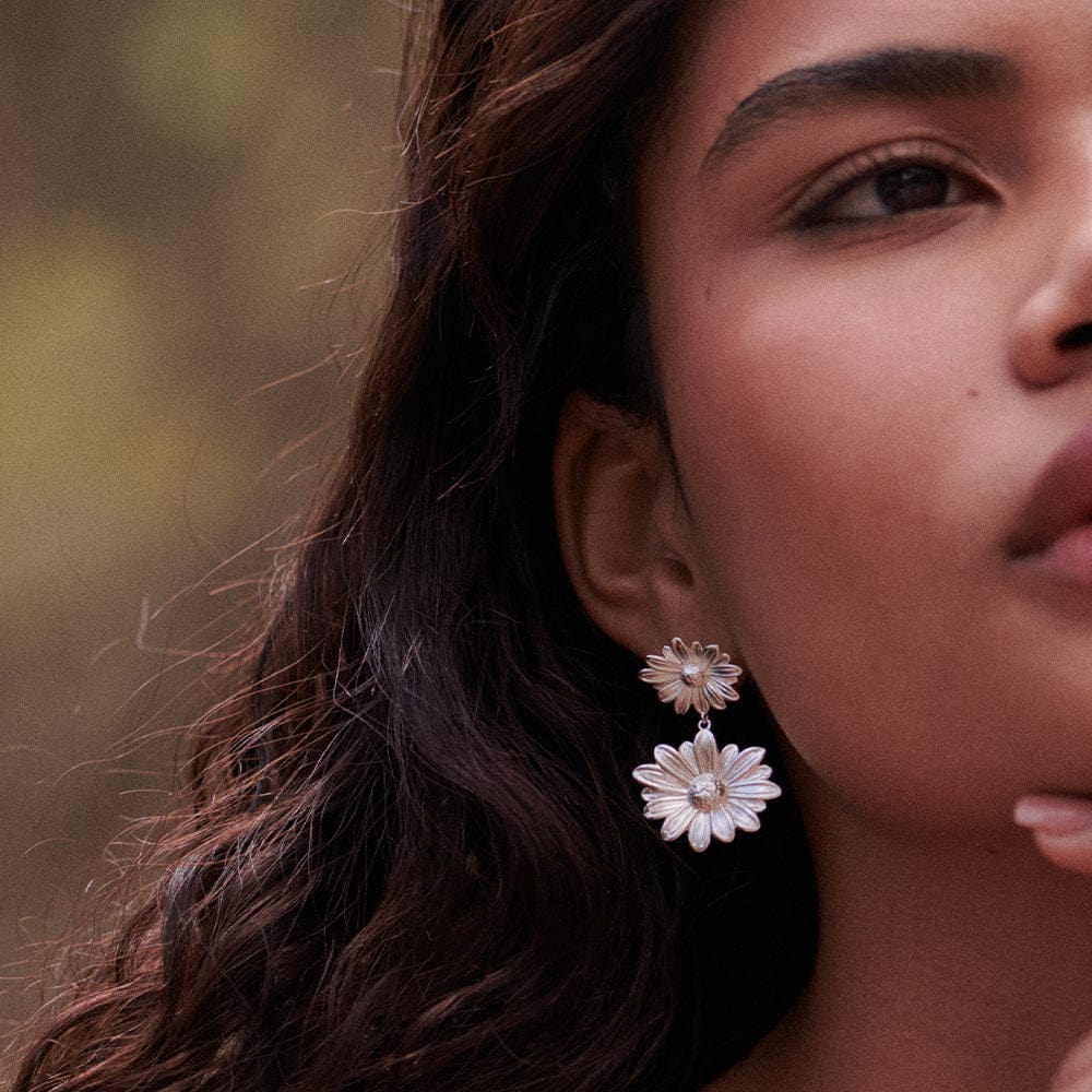 Double Daisy Flower Earrings Silver Plate