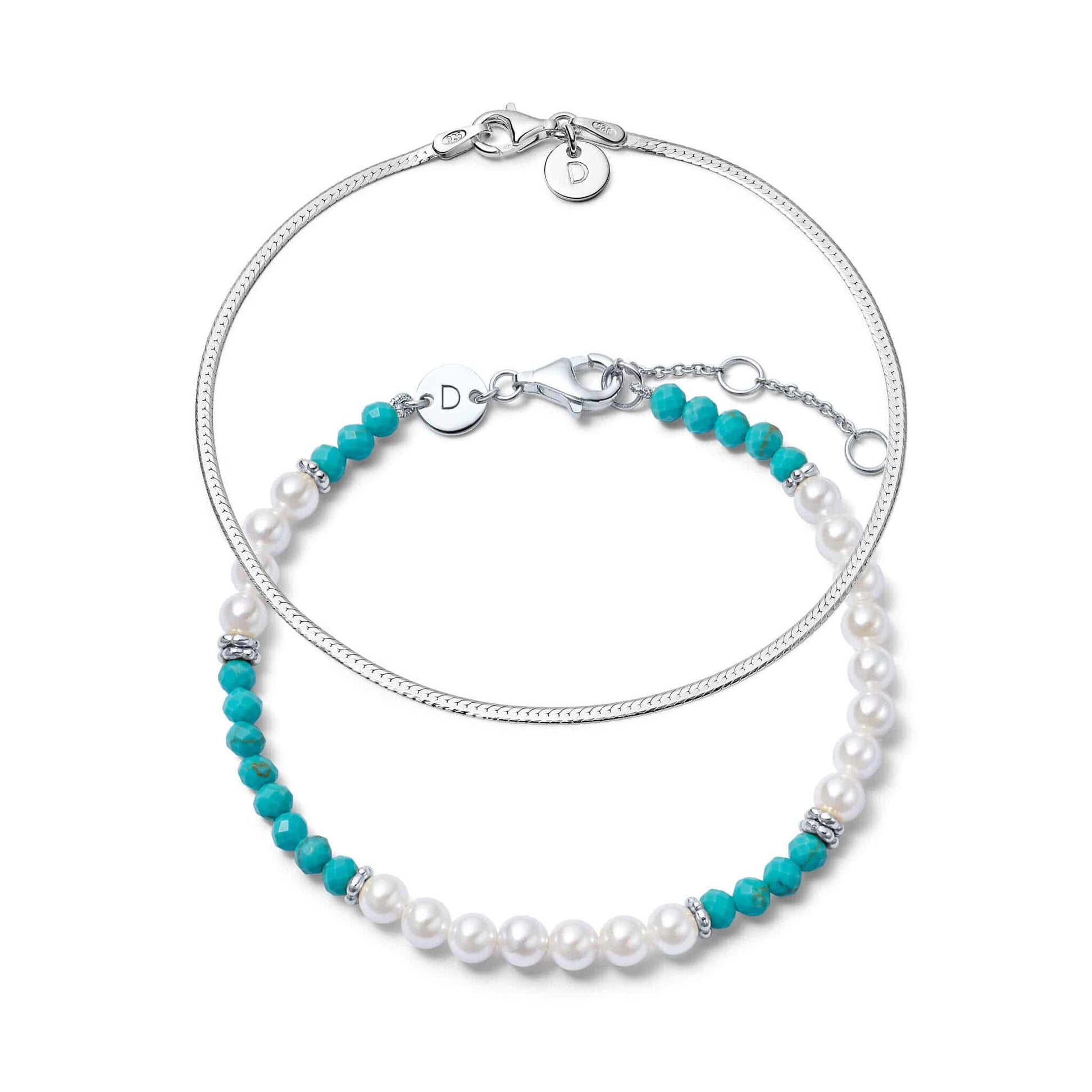 Fine Pearl & Turquoise Bracelet Stack Sterling Silver