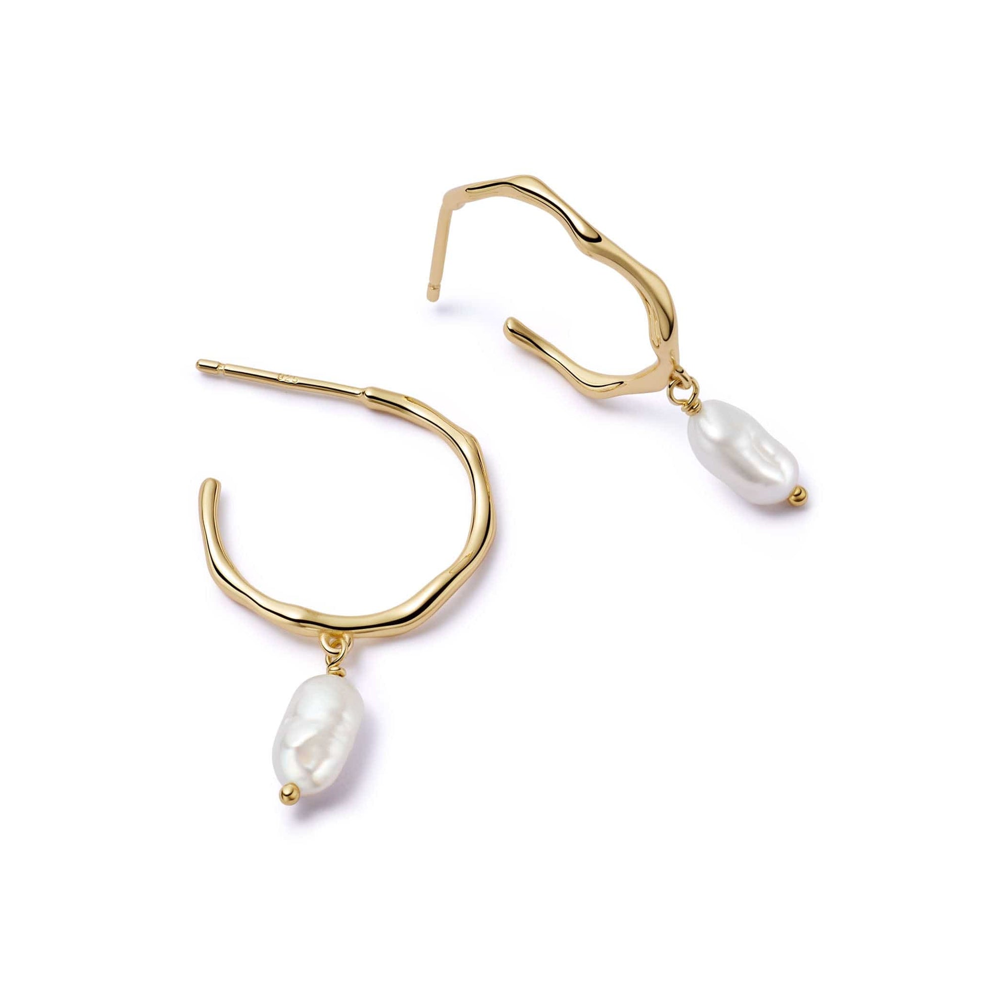 Organic Hoop Pearl Drop Earrings 18ct Gold Plate