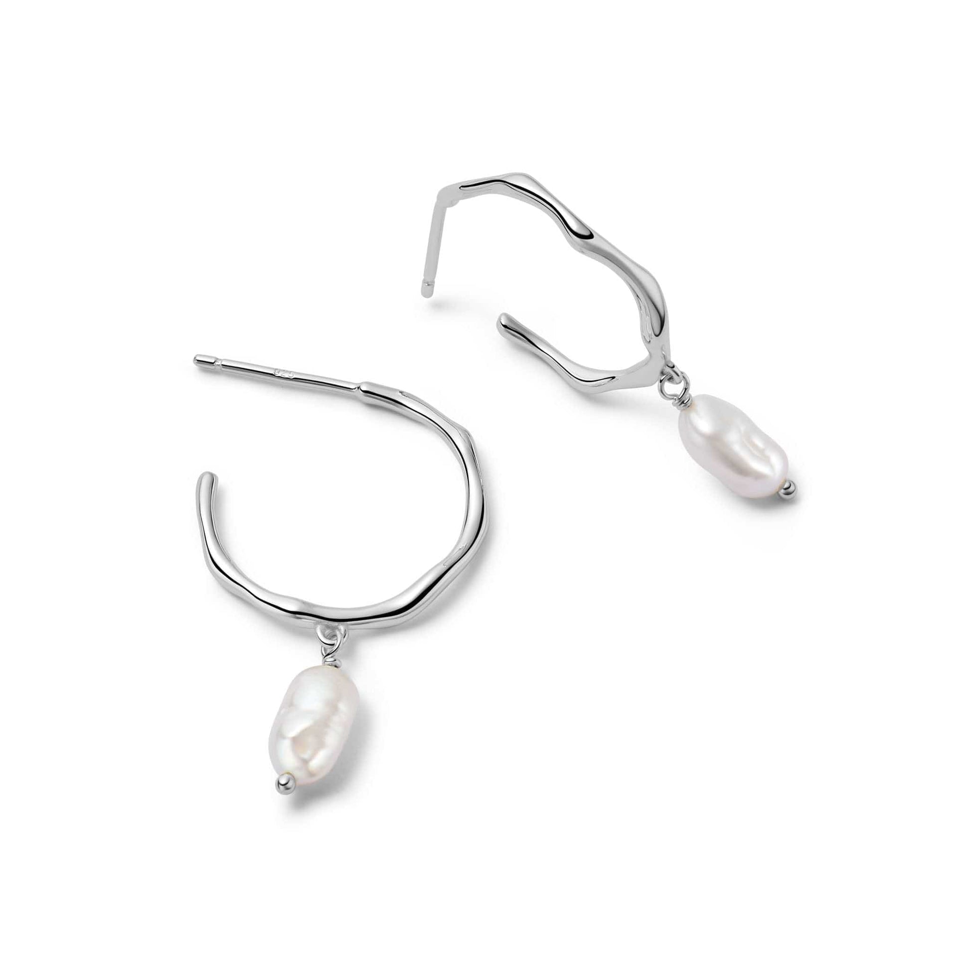 Organic Hoop Pearl Drop Earrings Sterling Silver