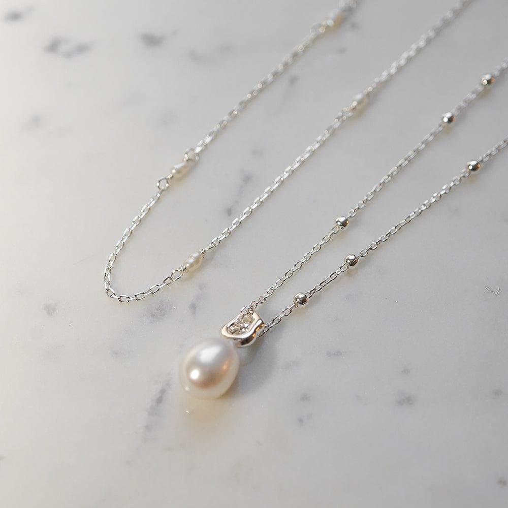 Double Pearl Necklace Layering Set Sterling Silver