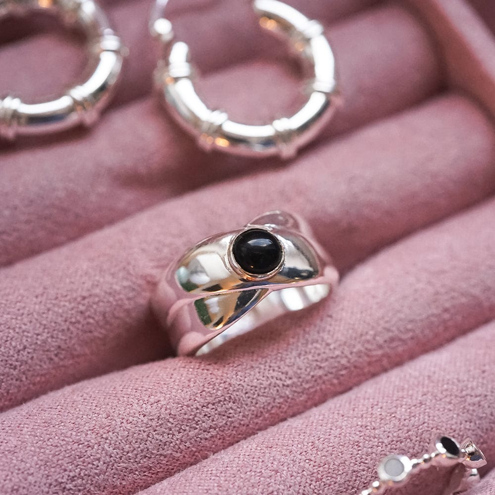 Polly Sayer Black Onyx Chunky Band Ring Silver Plate