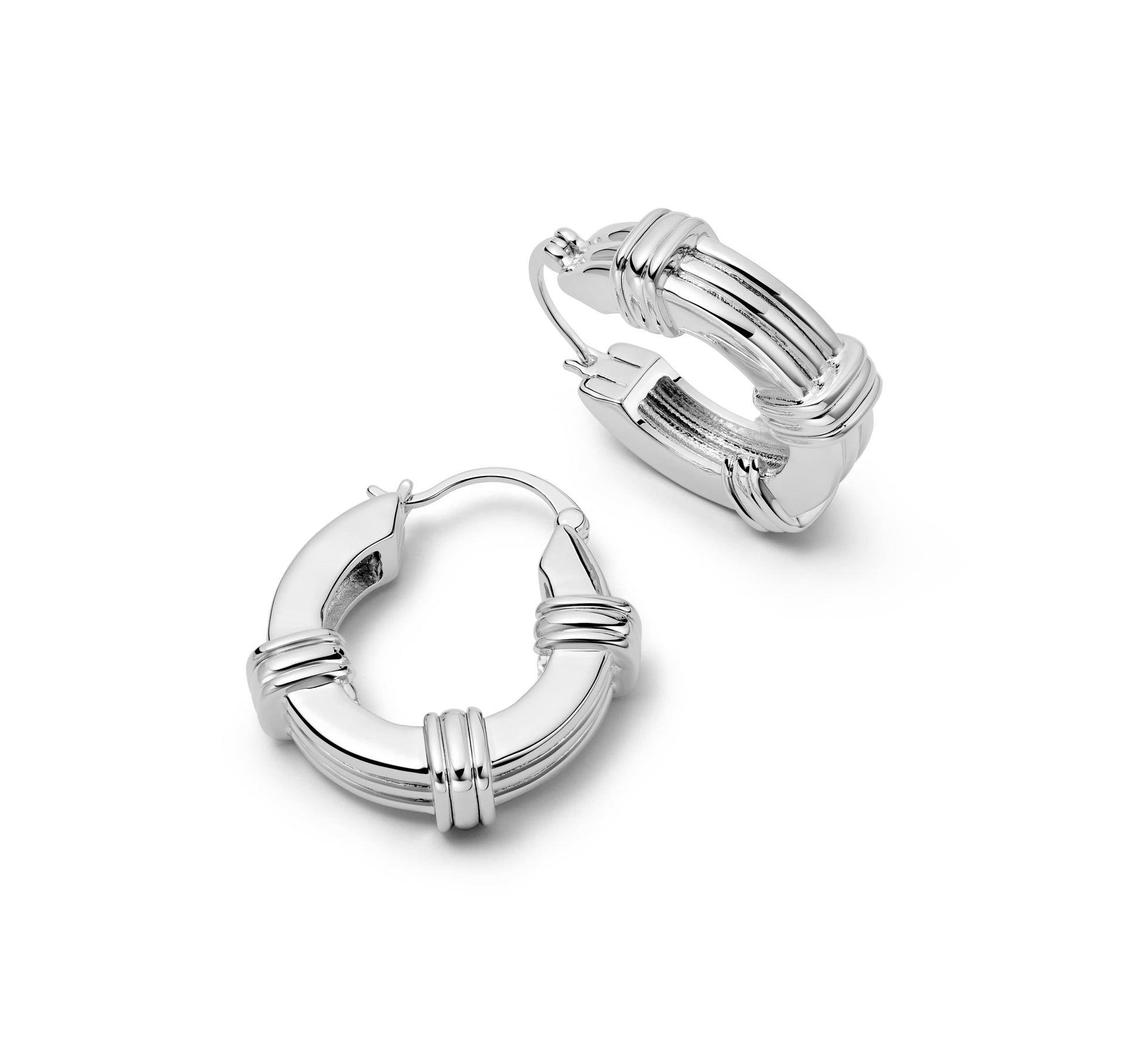 Polly Sayer Triple Ridge Chunky Hoop Earrings Silver Plate