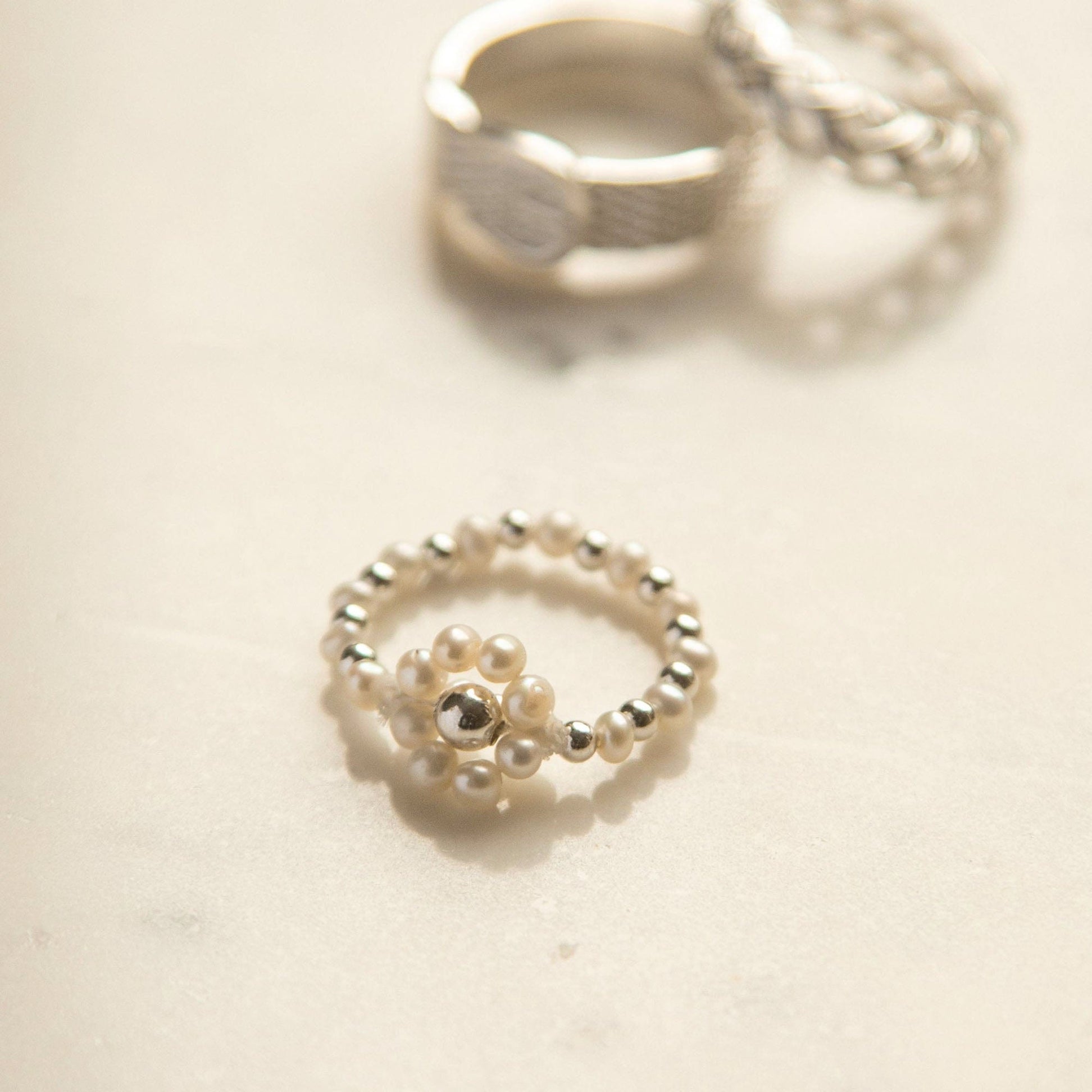 Shrimps Beaded Flower Ring Sterling Silver