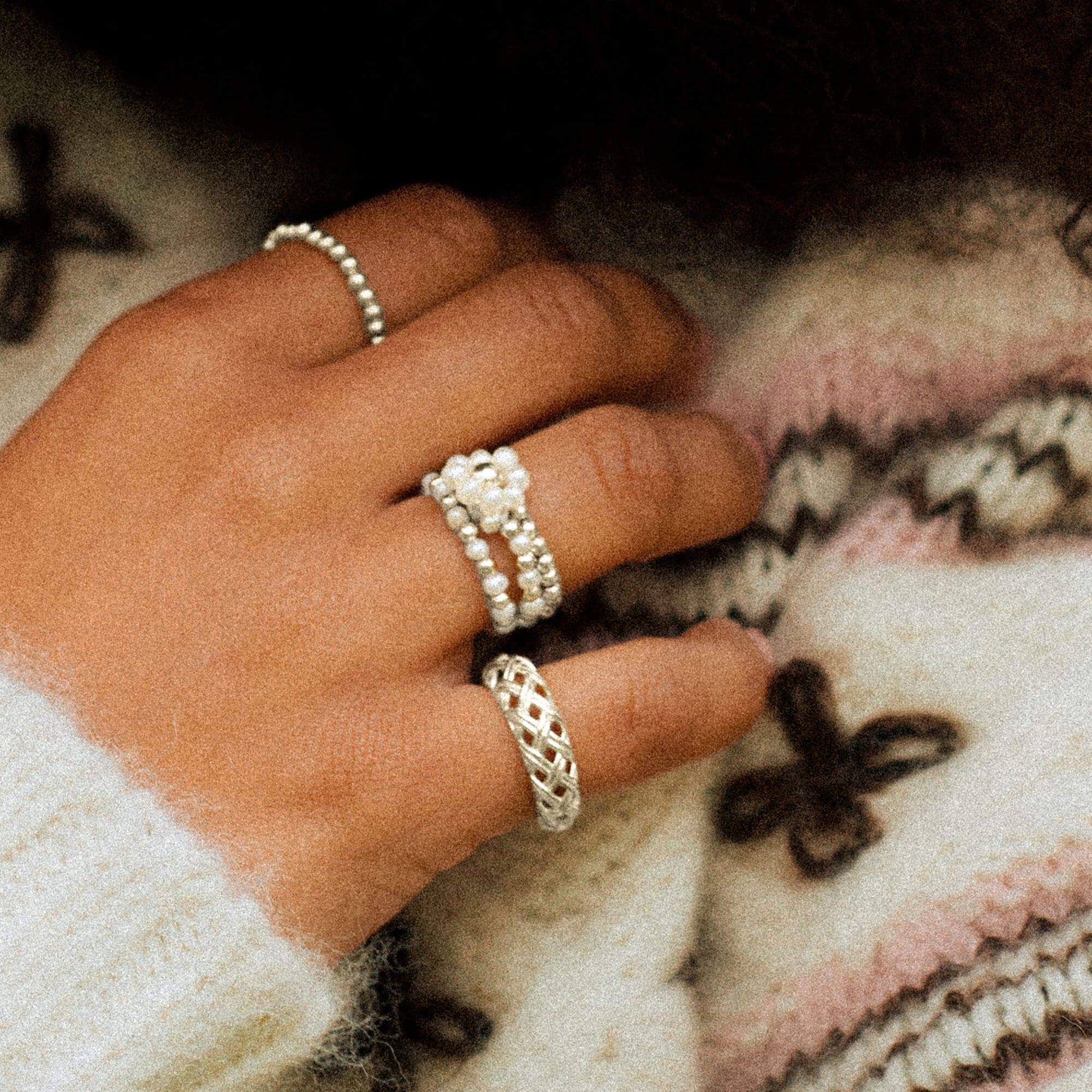 Shrimps Beaded Ring Stack Sterling Silver