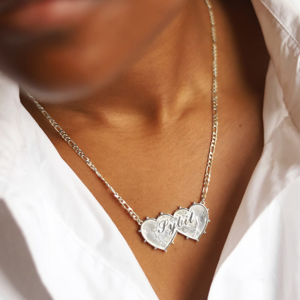 Shrimps Double Heart Personalised Necklace Silver Plate