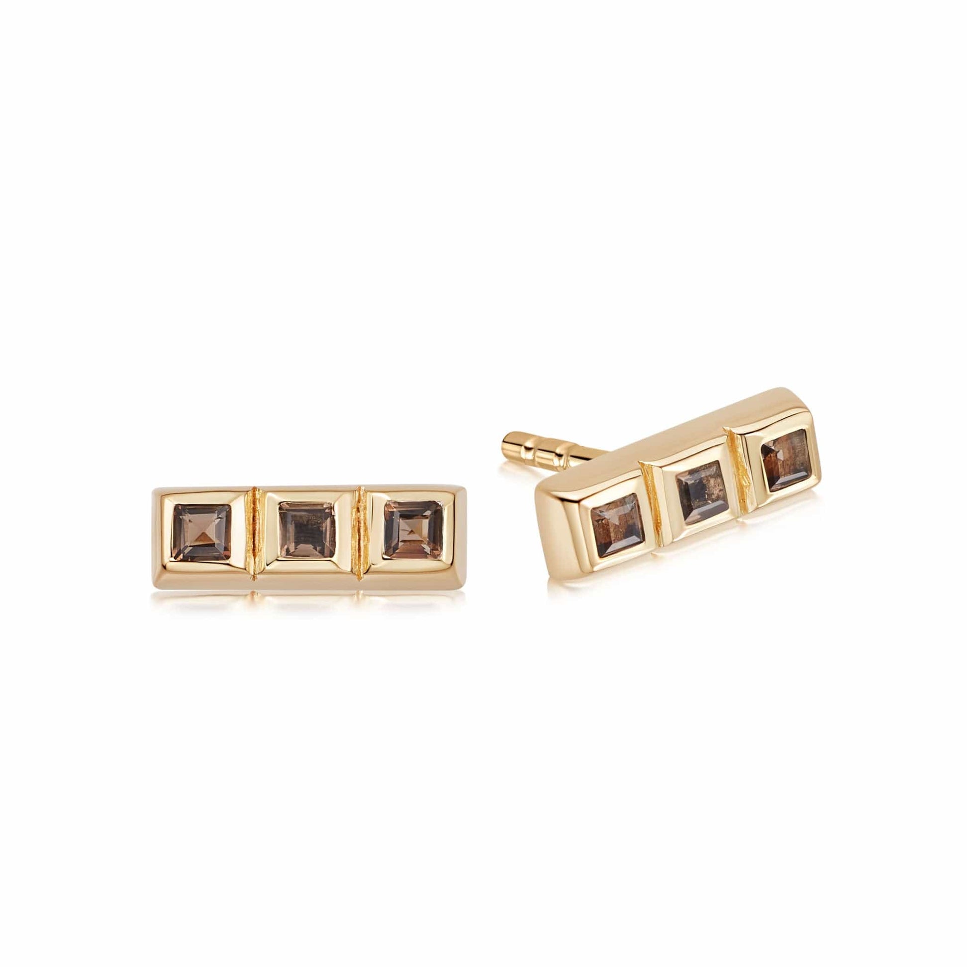 Triple Smokey Quartz Stud Earrings 18ct Gold Plate