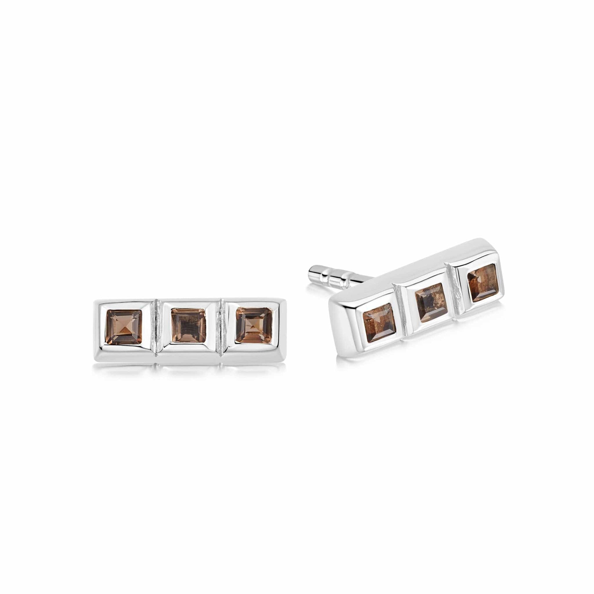 Triple Smokey Quartz Stud Earrings Sterling Silver