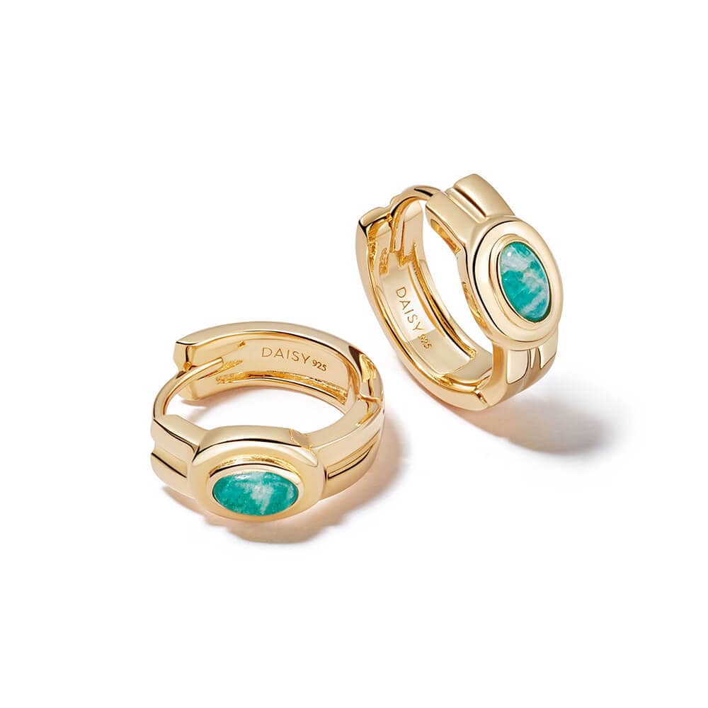 Amazonite Huggie Hoop Earrings 18ct Gold Plate