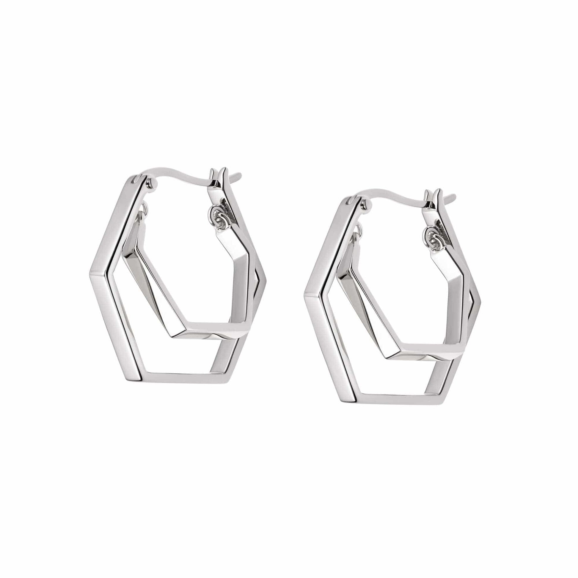 Double Hexagon Hoop Earrings Sterling Silver