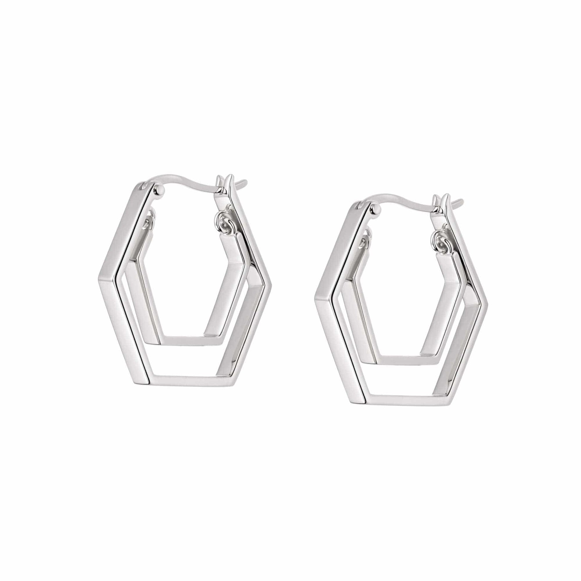 Double Hexagon Hoop Earrings Sterling Silver