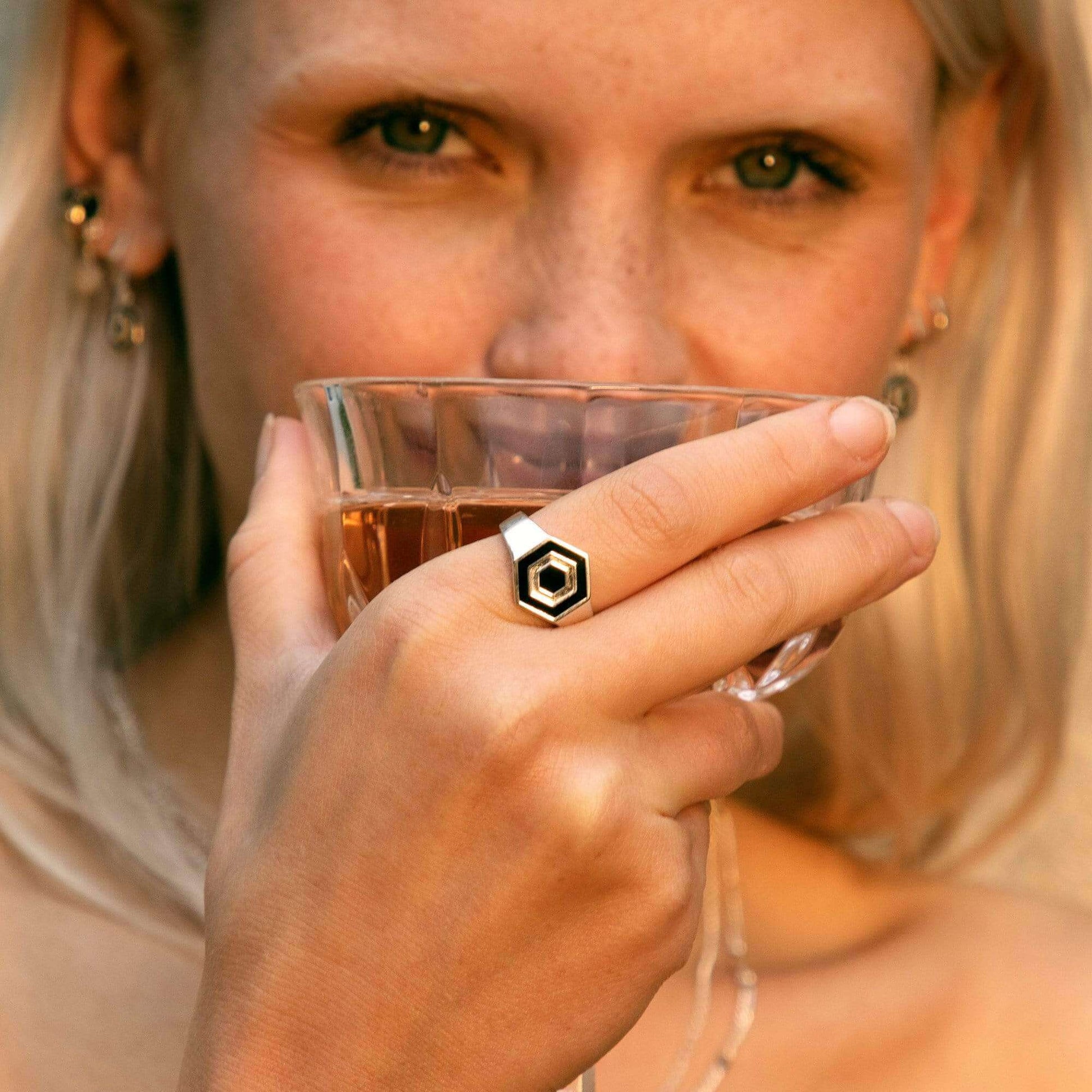 Enamel Hexagon Signet Ring Sterling Silver