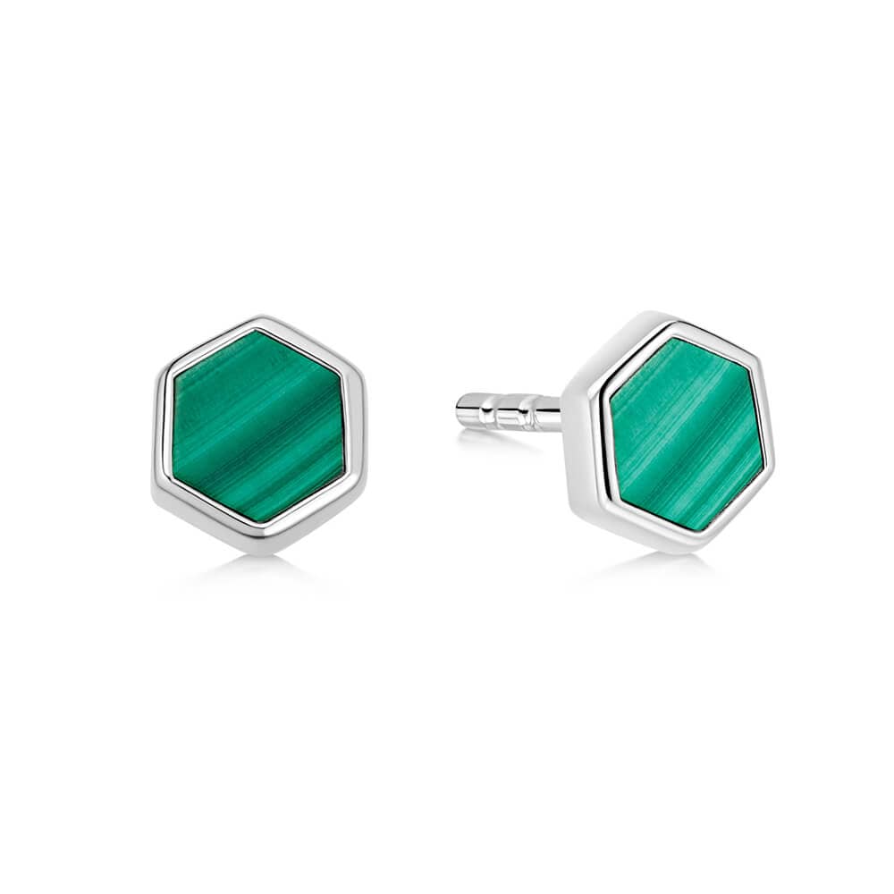 Malachite Hexagon Stud Earrings Sterling Silver