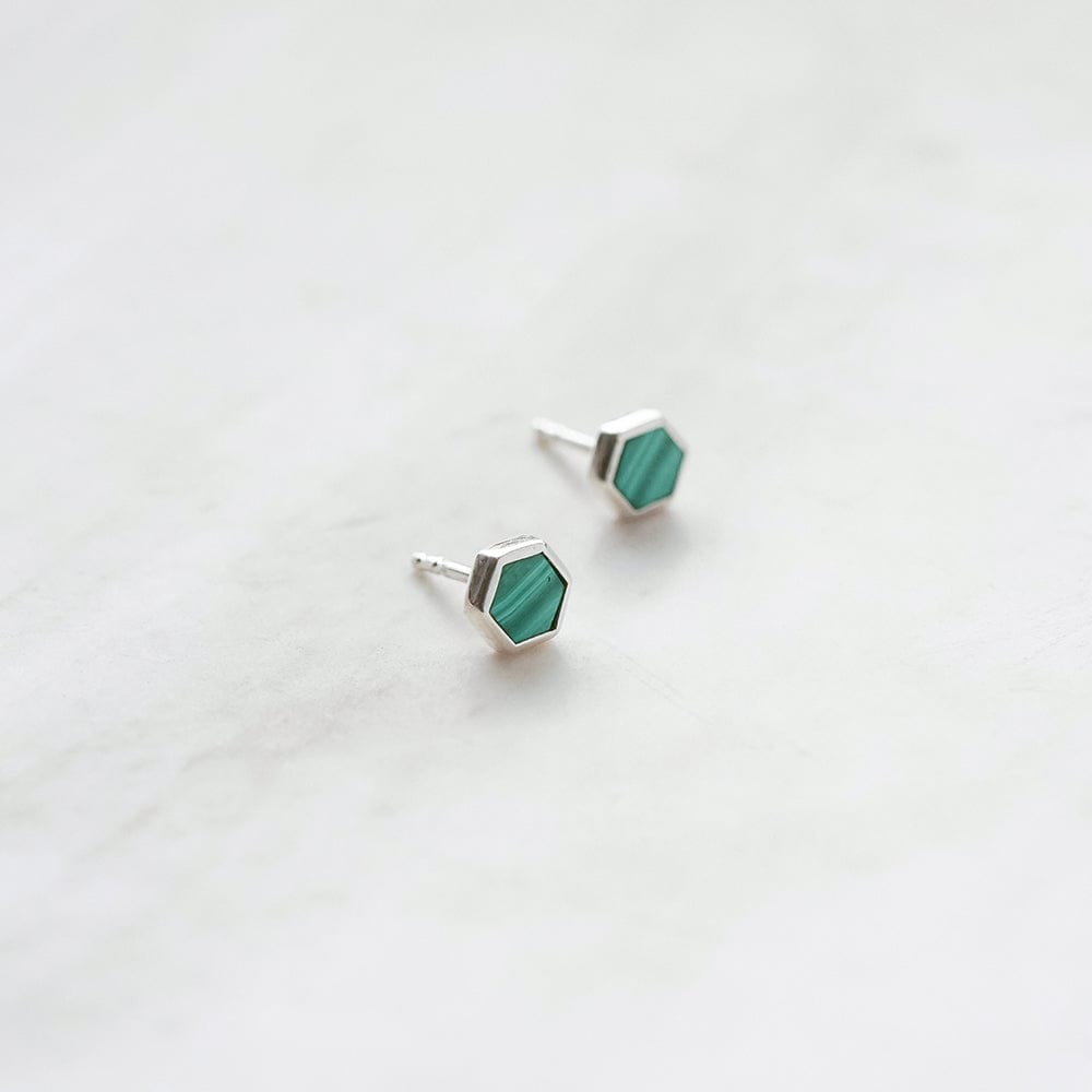 Malachite Hexagon Stud Earrings Sterling Silver