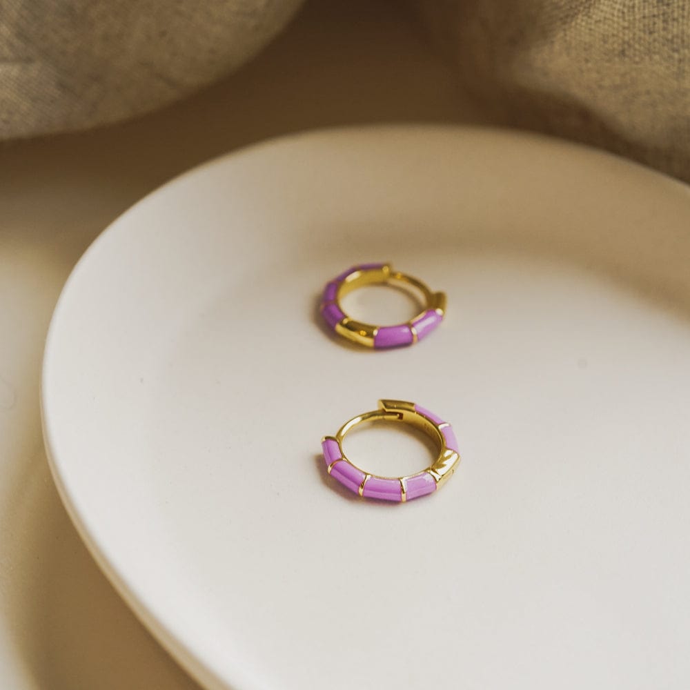 Purple Stripe Huggie Hoop Earrings 18ct Gold Plate