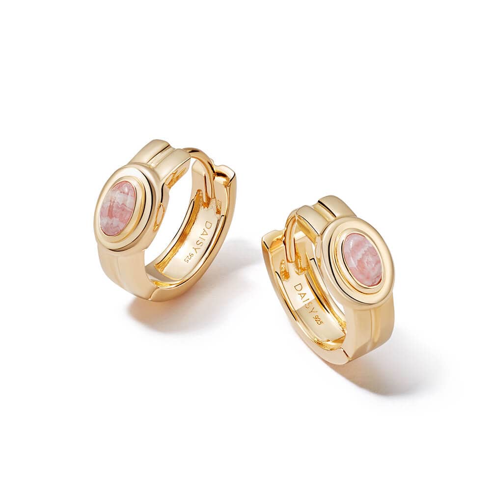 Rhodochrosite Huggie Hoop Earrings 18ct Gold Plate