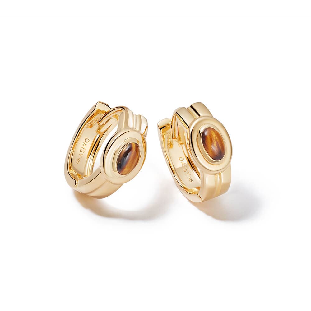 Tigers Eye Huggie Hoop Earrings 18ct Gold Plate